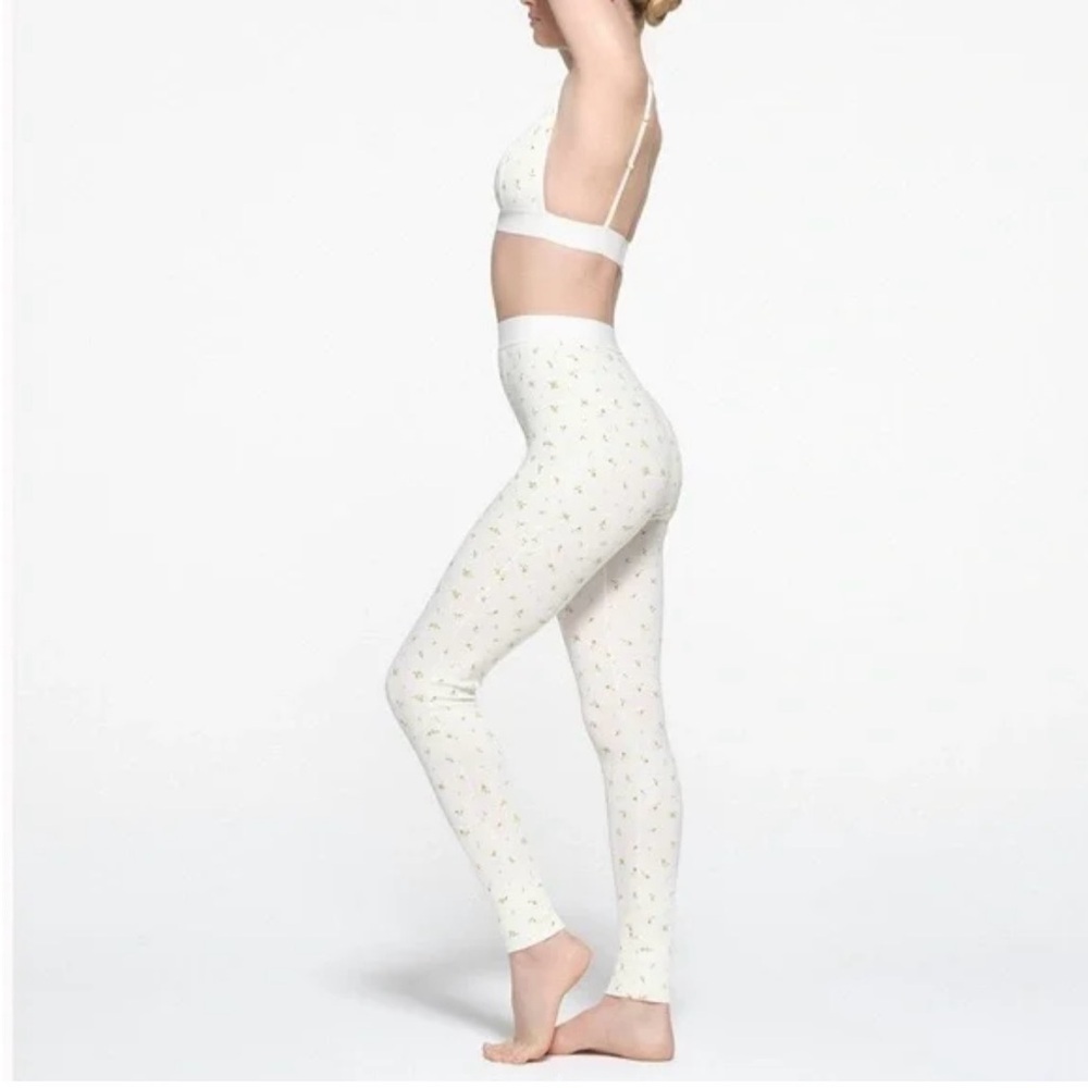 Skims Leggings Cream Marigold Floral Ribbed Knit Cotton Limited Edition Medium - Picture 2 of 6